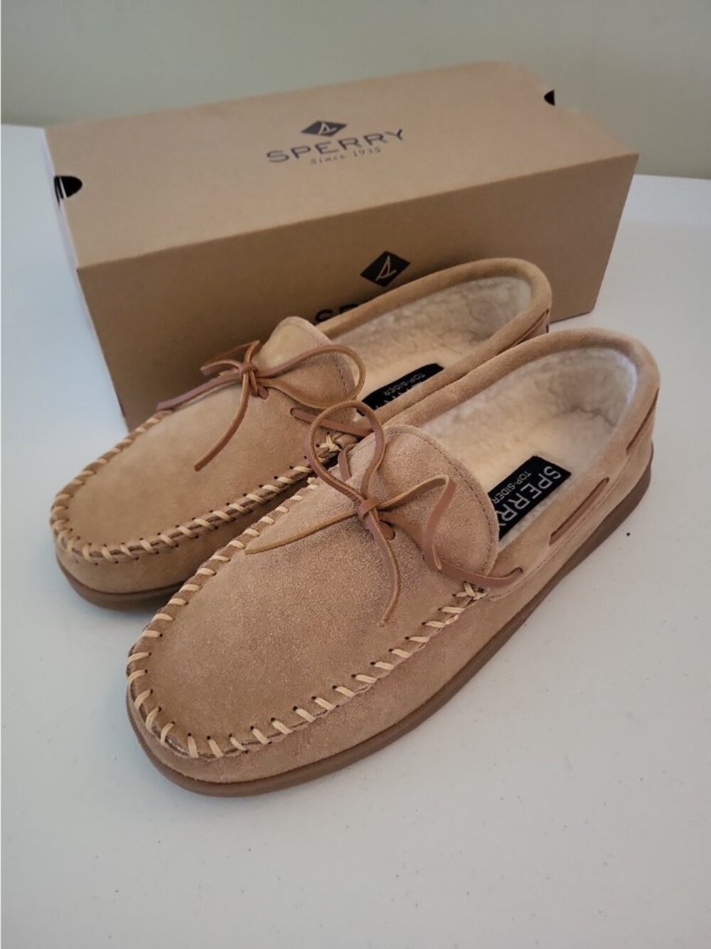Sperry Men's Trapper Moccasin Slippers with Rawhide Leather Lacing, Cinnamon, 12